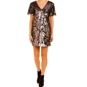 1. State Womens Short Sleeve Sequin Shift Mini Dress Copper Metallic Black Large